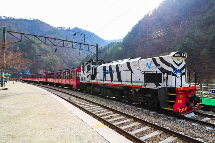 승강장에 정차중인 V트레인